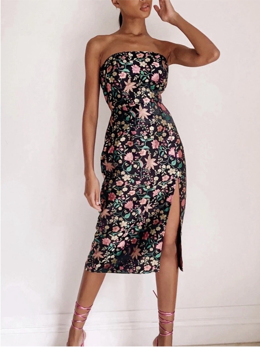 LULUS Make a Move Black Satin Floral Jacquard Strapless Dress Women’s XL NWT
